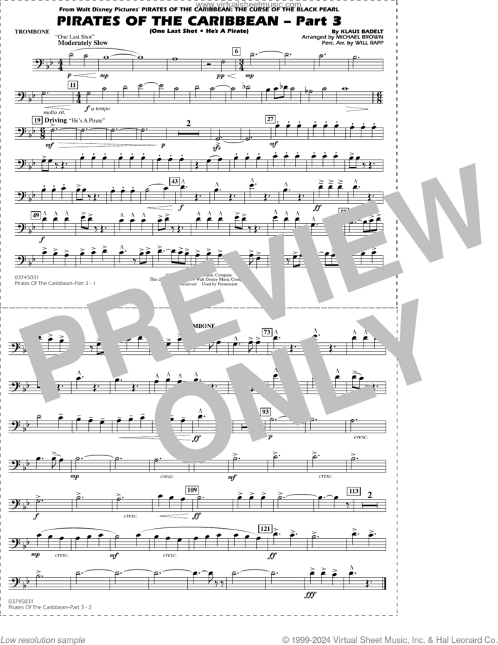 Pirates of the Caribbean, part 3 (arr. michael brown) sheet music for marching band (trombone) by Klaus Badelt, Michael Brown and Will Rapp, intermediate skill level