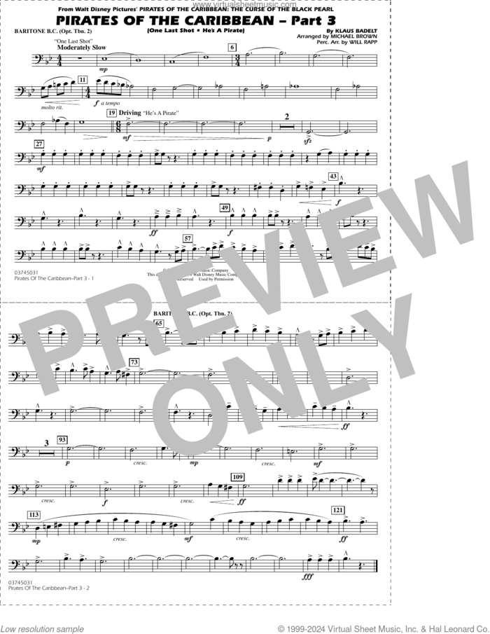 Pirates of the Caribbean, part 3 (arr. michael brown) sheet music for marching band (baritone b.c., opt. tbn. 2) by Klaus Badelt, Michael Brown and Will Rapp, intermediate skill level