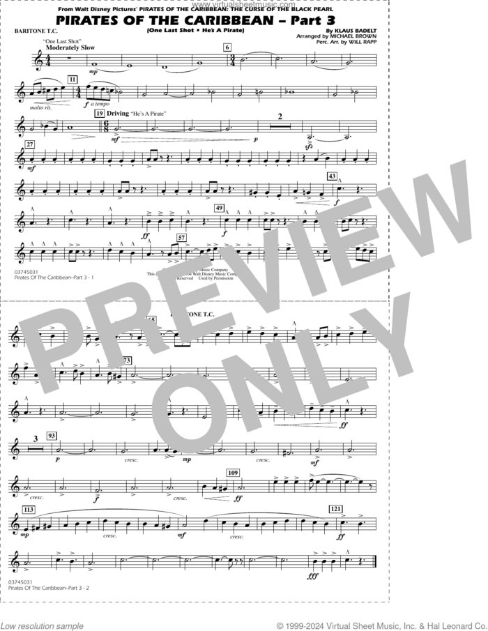 Pirates of the Caribbean, part 3 (arr. michael brown) sheet music for marching band (baritone t.c.) by Klaus Badelt, Michael Brown and Will Rapp, intermediate skill level