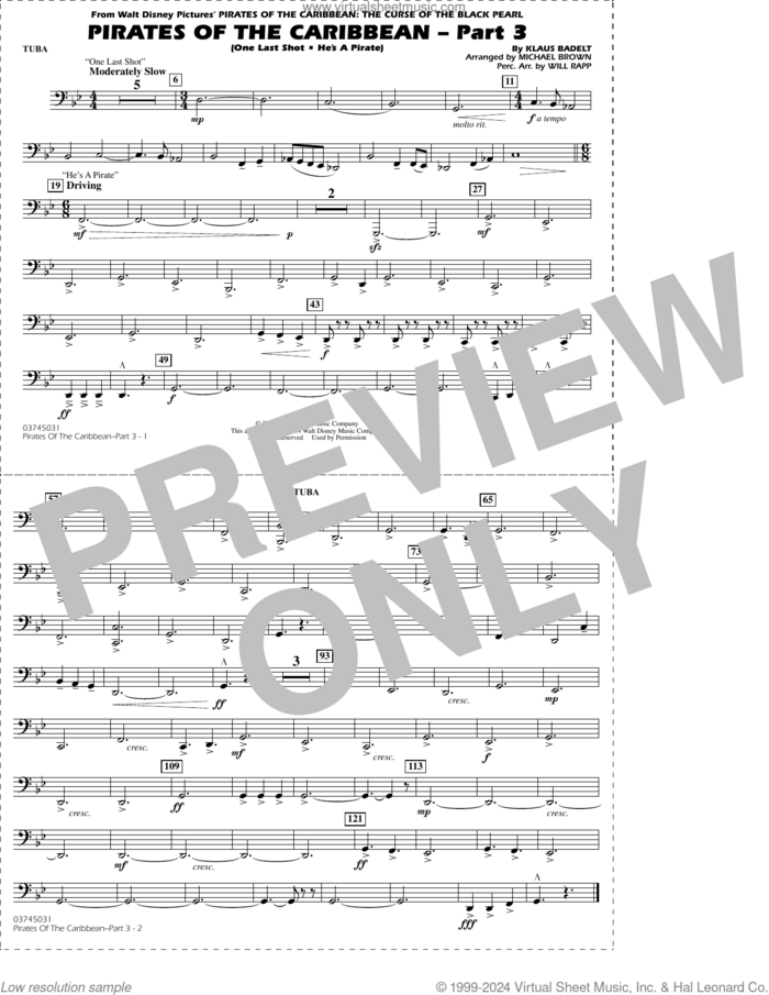 Pirates of the Caribbean, part 3 (arr. michael brown) sheet music for marching band (tuba) by Klaus Badelt, Michael Brown and Will Rapp, intermediate skill level