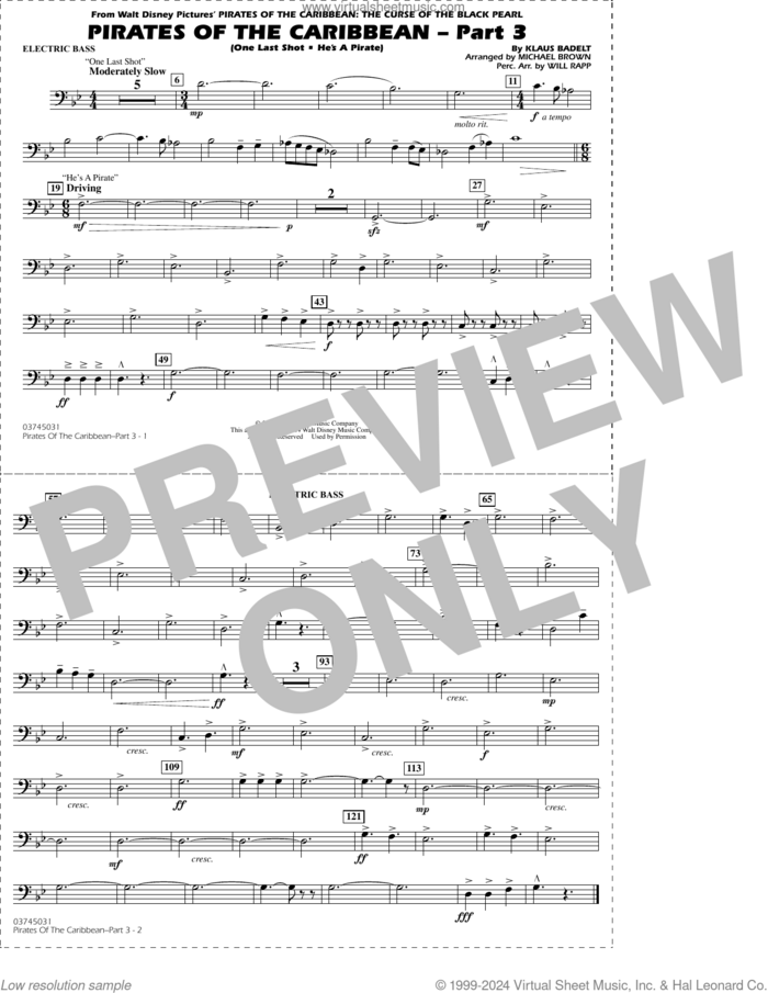Pirates of the Caribbean, part 3 (arr. michael brown) sheet music for marching band (electric bass) by Klaus Badelt, Michael Brown and Will Rapp, intermediate skill level