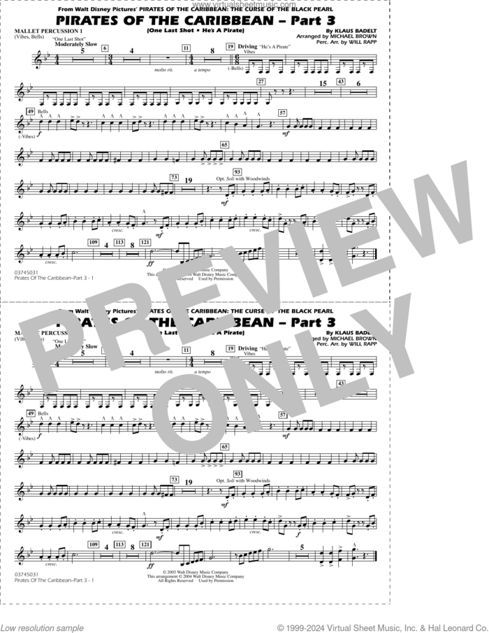 Pirates of the Caribbean, part 3 (arr. michael brown) sheet music for marching band (mallet percussion 1) by Klaus Badelt, Michael Brown and Will Rapp, intermediate skill level
