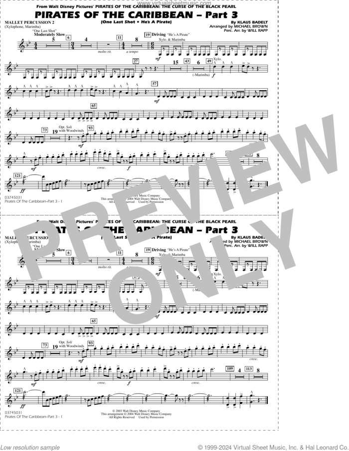 Pirates of the Caribbean, part 3 (arr. michael brown) sheet music for marching band (mallet percussion 2) by Klaus Badelt, Michael Brown and Will Rapp, intermediate skill level