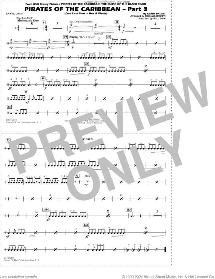 Pirates of the Caribbean, part 3 (arr. michael brown) sheet music for marching band (snare drum) by Klaus Badelt, Michael Brown and Will Rapp, intermediate skill level