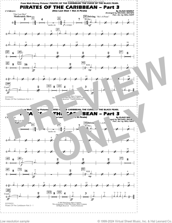 Pirates of the Caribbean, part 3 (arr. michael brown) sheet music for marching band (cymbals) by Klaus Badelt, Michael Brown and Will Rapp, intermediate skill level