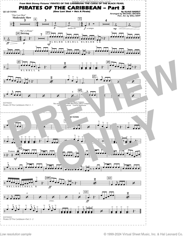 Pirates of the Caribbean, part 3 (arr. michael brown) sheet music for marching band (quad toms) by Klaus Badelt, Michael Brown and Will Rapp, intermediate skill level