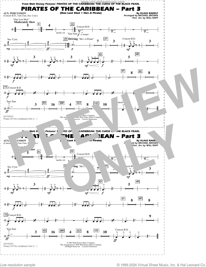 Pirates of the Caribbean, part 3 (arr. michael brown) sheet music for marching band (aux percussion) by Klaus Badelt, Michael Brown and Will Rapp, intermediate skill level