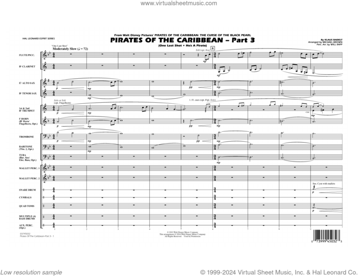 Pirates of the Caribbean - Part 3 (arr. Michael Brown) (COMPLETE) sheet music for marching band by Michael Brown, Klaus Badelt and Will Rapp, intermediate skill level
