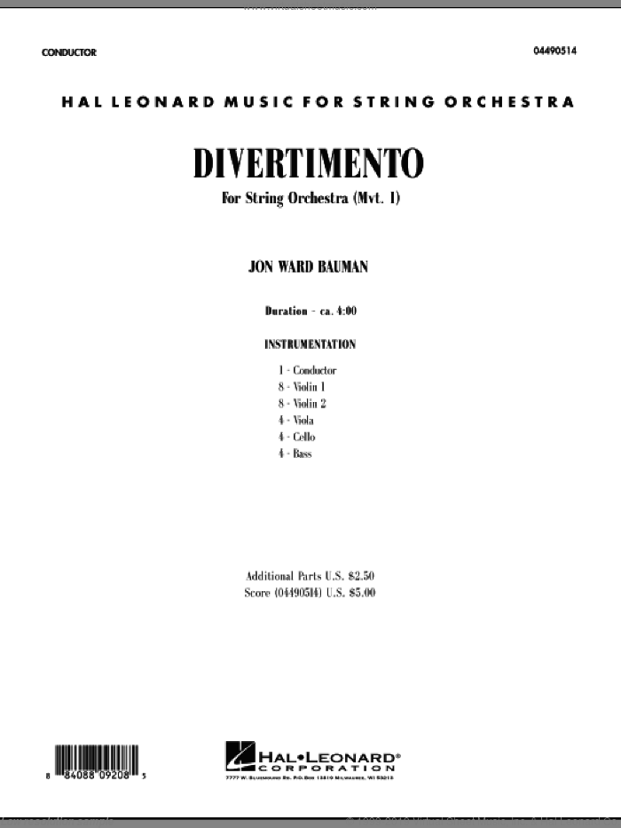 Divertimento for String Orchestra (Mvt. 1) (COMPLETE) sheet music for orchestra by Jon Ward Bauman, classical score, intermediate skill level