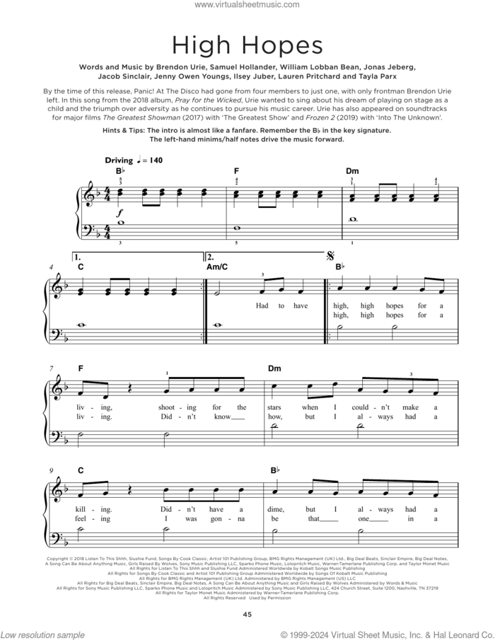 High Hopes sheet music for piano solo by Panic! At The Disco, Brendon Urie, Ilsey Juber, Jacob Sinclair, Jenny Owen Youngs, Jonas Jeberg, Lauren Pritchard, Sam Hollander, Tayla Parx and William Lobban Bean, beginner skill level