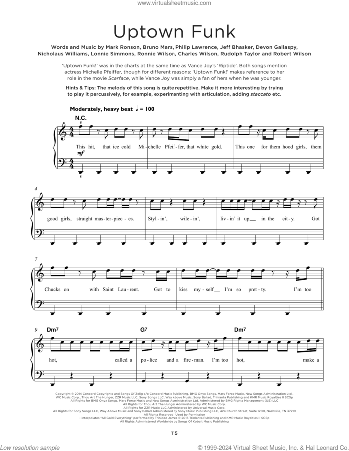 Uptown Funk (feat. Bruno Mars), (beginner) (feat. Bruno Mars) sheet music for piano solo by Mark Ronson, Bruno Mars, Charles Wilson, Devon Gallaspy, Jeff Bhasker, Lonnie Simmons, Nicholaus Williams, Philip Lawrence, Robert Wilson, Ronnie Wilson and Rudolph Taylor, beginner skill level