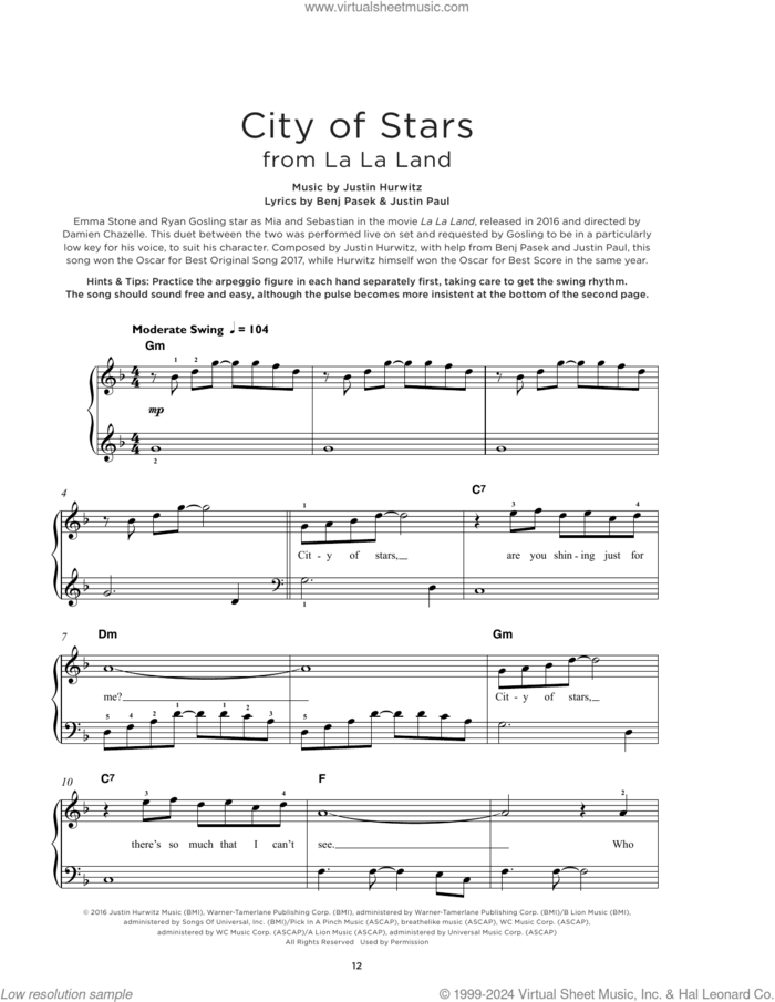 City Of Stars (from La La Land), (beginner) (from La La Land) sheet music for piano solo by Ryan Gosling & Emma Stone, Benj Pasek, Justin Hurwitz and Justin Paul, beginner skill level