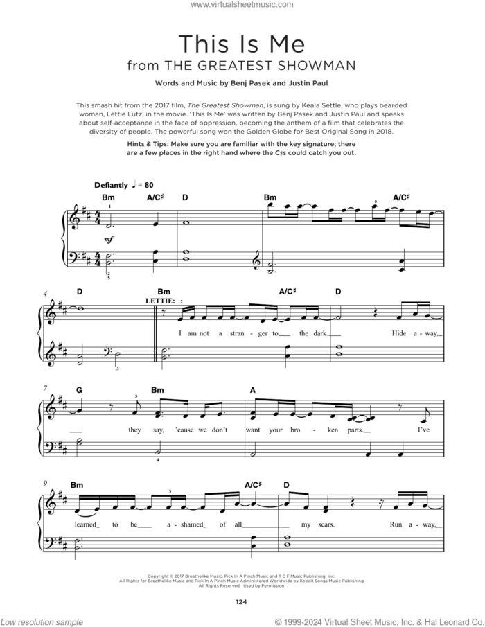 This Is Me (from The Greatest Showman), (beginner) (from The Greatest Showman) sheet music for piano solo by Pasek & Paul, Benj Pasek and Justin Paul, beginner skill level