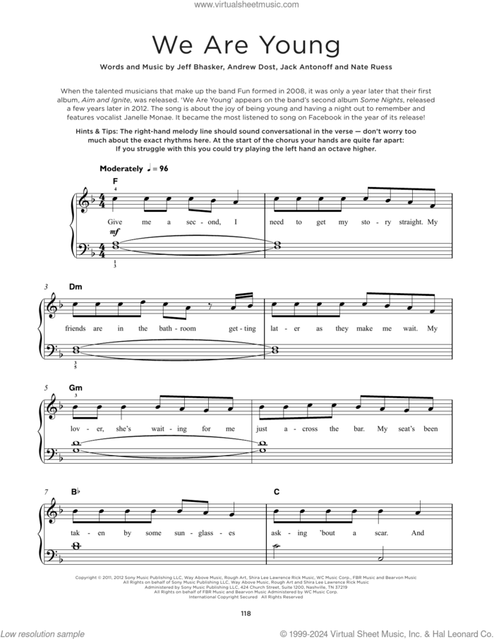 We Are Young, (beginner) sheet music for piano solo by Jeff Bhasker, Fun, Andrew Dost, Jack Antonoff and Nate Ruess, beginner skill level