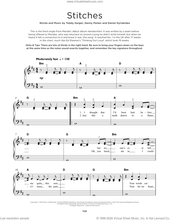 Stitches sheet music for piano solo by Shawn Mendes, Daniel Kyriakides, Danny Parker and Teddy Geiger, beginner skill level