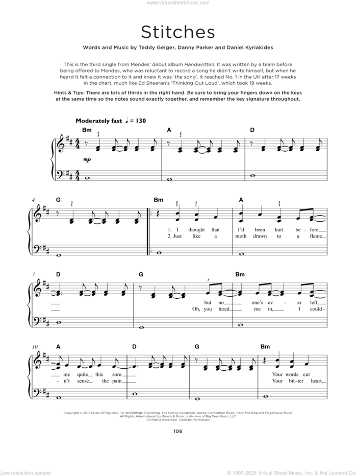 Stitches sheet music for piano solo by Shawn Mendes, Daniel Kyriakides, Danny Parker and Teddy Geiger, beginner skill level