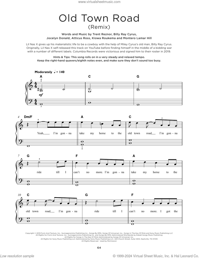 Old Town Road (Remix), (beginner) sheet music for piano solo by Lil Nas X feat. Billy Ray Cyrus, Atticus Ross, Billy Ray Cyrus, Jocelyn Donald, Kiowa Roukema, Montero Lamar Hill and Trent Reznor, beginner skill level