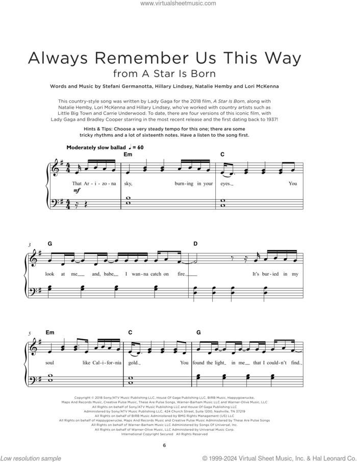 Always Remember Us This Way (from A Star Is Born), (beginner) sheet music for piano solo by Lady Gaga, Hillary Lindsey, Lori McKenna and Natalie Hemby, beginner skill level