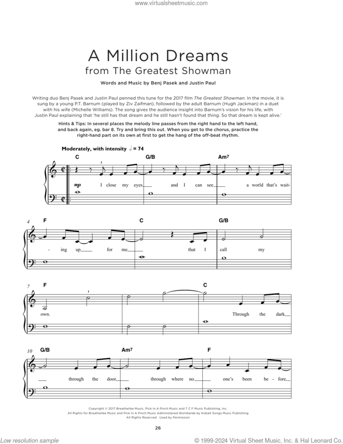 A Million Dreams (from The Greatest Showman) sheet music for piano solo by Pasek & Paul, Miscellaneous, Benj Pasek and Justin Paul, beginner skill level
