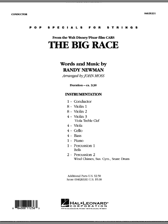 The Big Race (from Cars) (COMPLETE) sheet music for orchestra by Randy Newman, James Taylor and John Moss, intermediate skill level