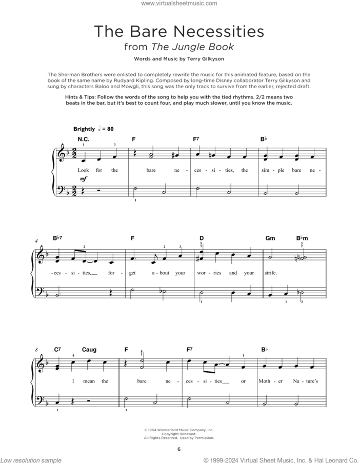 The Bare Necessities (from The Jungle Book), (beginner) (from The Jungle Book) sheet music for piano solo by Terry Gilkyson, beginner skill level