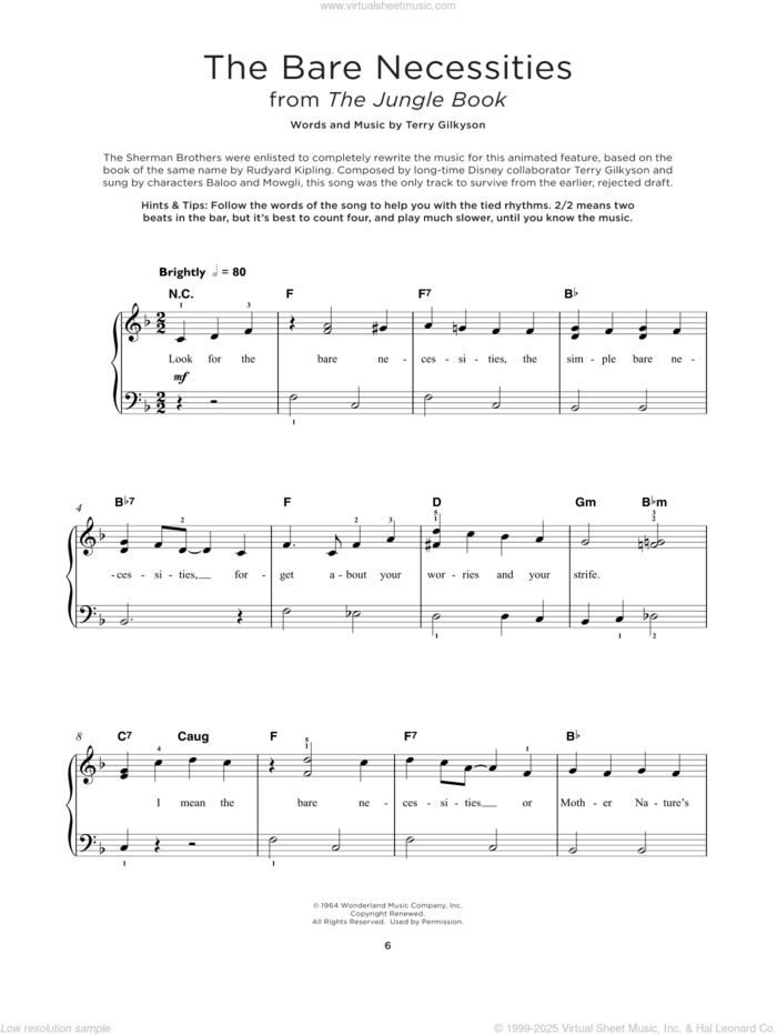 The Bare Necessities (from The Jungle Book), (beginner) (from The Jungle Book) sheet music for piano solo by Terry Gilkyson, beginner skill level