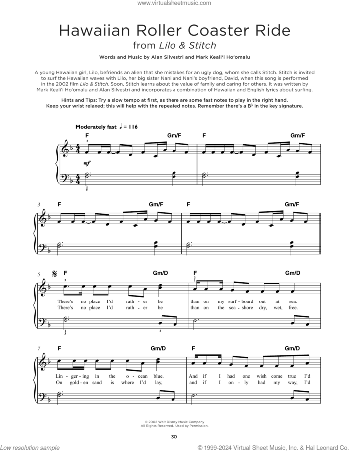 Hawaiian Roller Coaster Ride (from Lilo and Stitch), (beginner) sheet music for piano solo by Alan Silvestri, beginner skill level