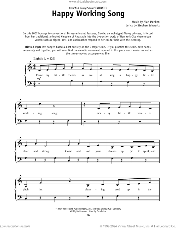 Happy Working Song (from Enchanted), (beginner) (from Enchanted) sheet music for piano solo by Amy Adams, Alan Menken and Stephen Schwartz, beginner skill level