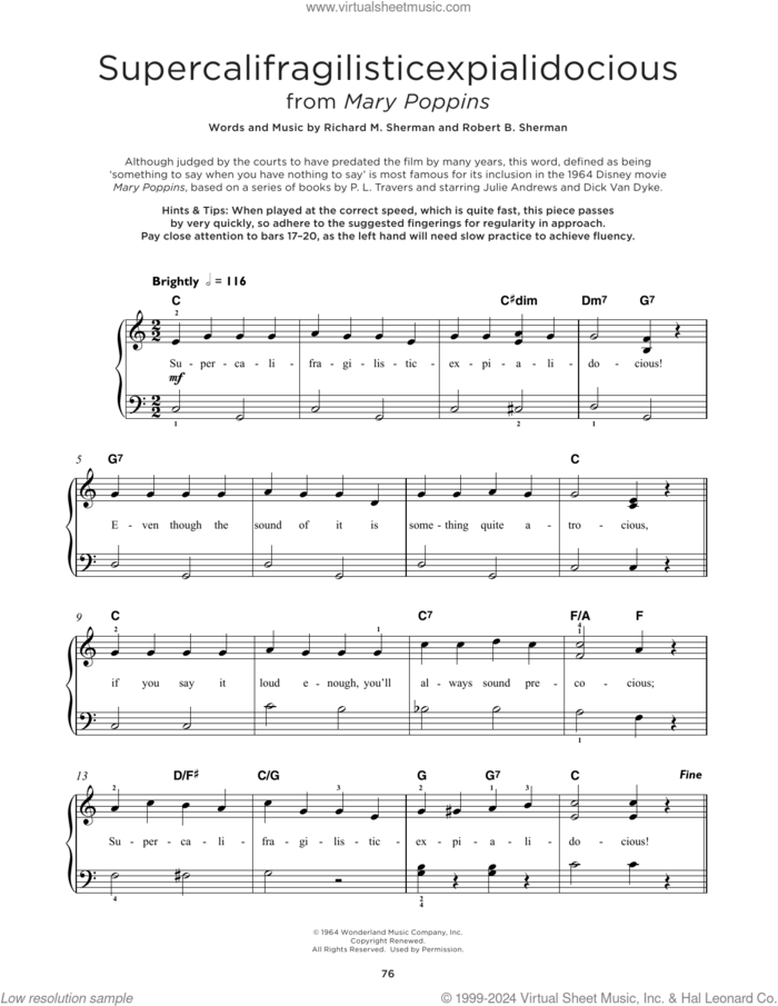 Supercalifragilisticexpialidocious (from Mary Poppins), (beginner) (from Mary Poppins) sheet music for piano solo by Julie Andrews, Richard M. Sherman and Robert B. Sherman, beginner skill level