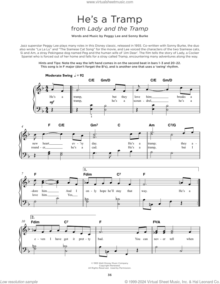 He's A Tramp (from Lady And The Tramp) sheet music for piano solo by Peggy Lee and Sonny Burke, beginner skill level