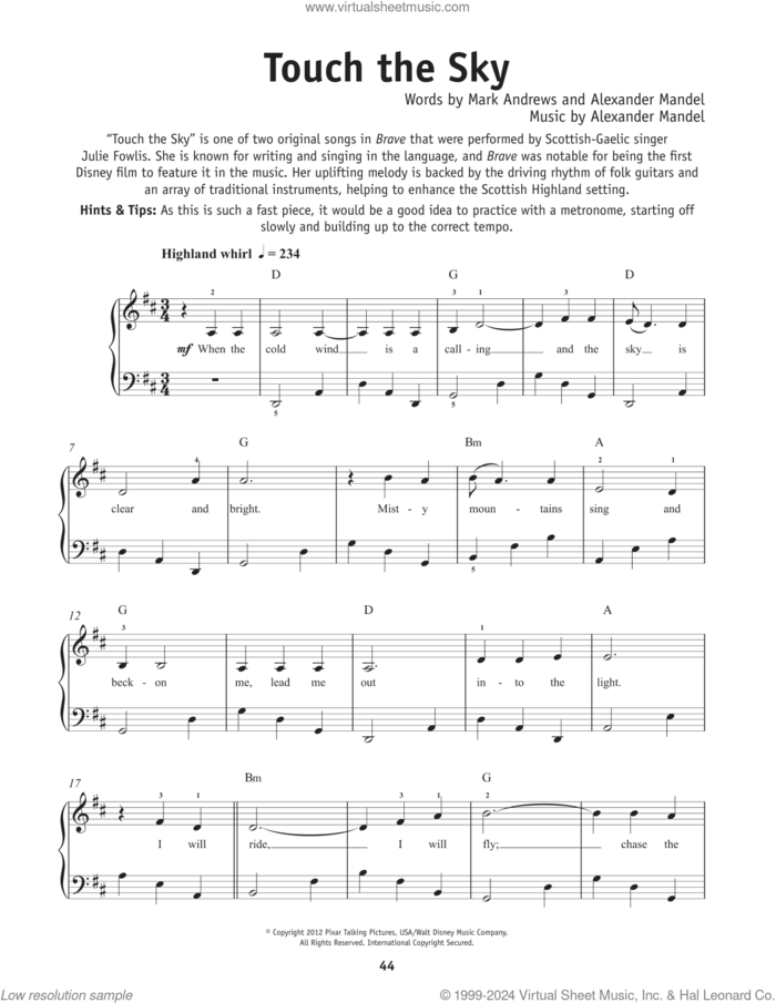 Touch The Sky (from Brave), (beginner) (from Brave) sheet music for piano solo by Julie Fowlis, Alexander L. Mandel and Mark Andrews, beginner skill level