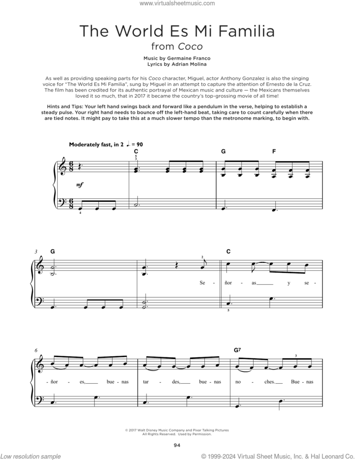 The World Es Mi Familia (from Coco) sheet music for piano solo by Germaine Franco & Adrian Molina, Adrian Molina and Germaine Franco, beginner skill level