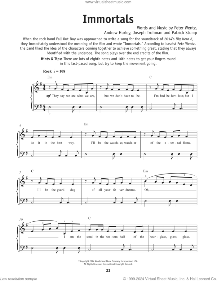 Immortals (from Big Hero 6) sheet music for piano solo by Fall Out Boy, Andrew Hurley, Joe Trohman, Patrick Stump and Pete Wentz, beginner skill level