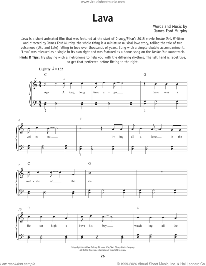 Lava (from Lava) sheet music for piano solo by James Ford Murphy, beginner skill level