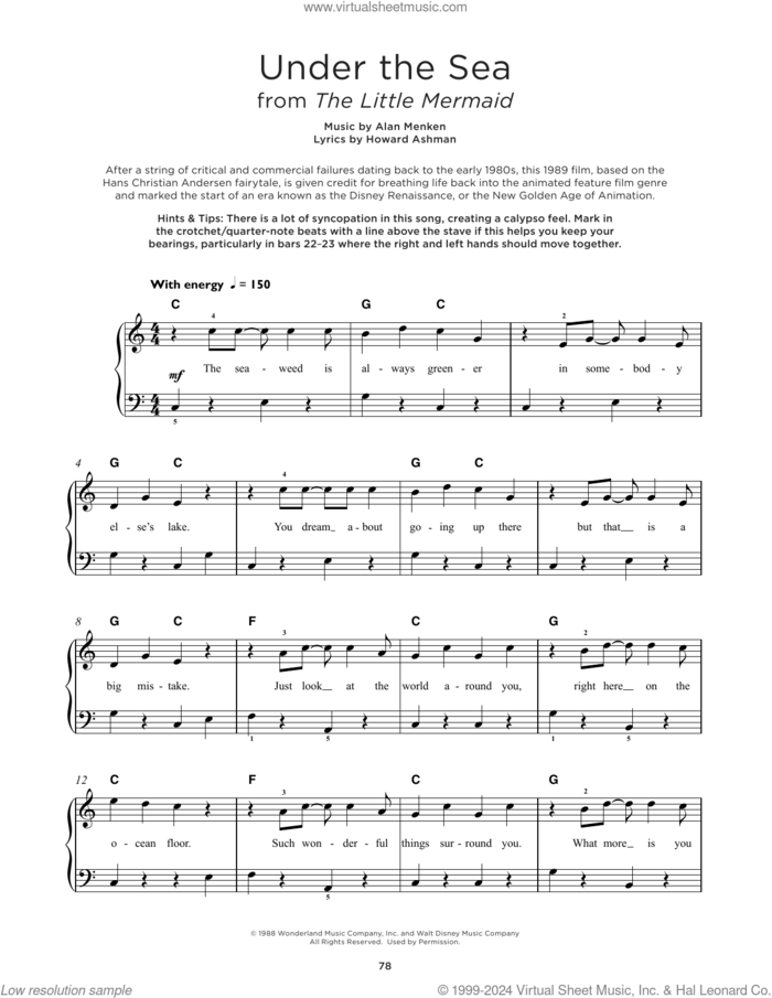 Under The Sea (from The Little Mermaid) sheet music for piano solo by Alan Menken & Howard Ashman, Alan Menken and Howard Ashman, beginner skill level