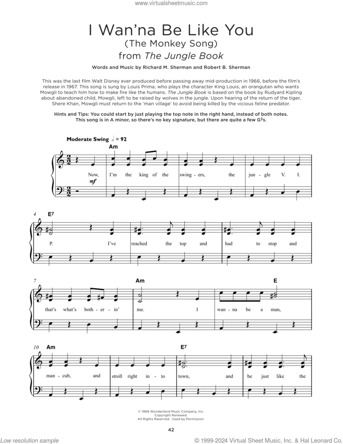 I Wan'na Be Like You (The Monkey Song) (from The Jungle Book) sheet music for piano solo by Sherman Brothers, Richard M. Sherman and Robert B. Sherman, beginner skill level