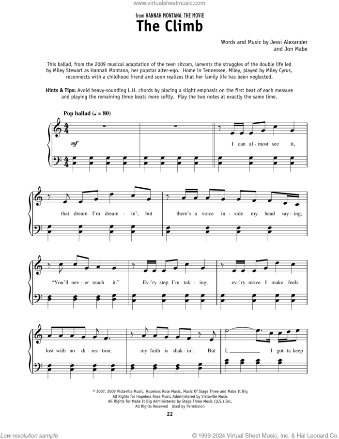 The Climb (from Hannah Montana: The Movie), (beginner) sheet music for piano solo by Miley Cyrus, Jessi Alexander and Jon Mabe, beginner skill level