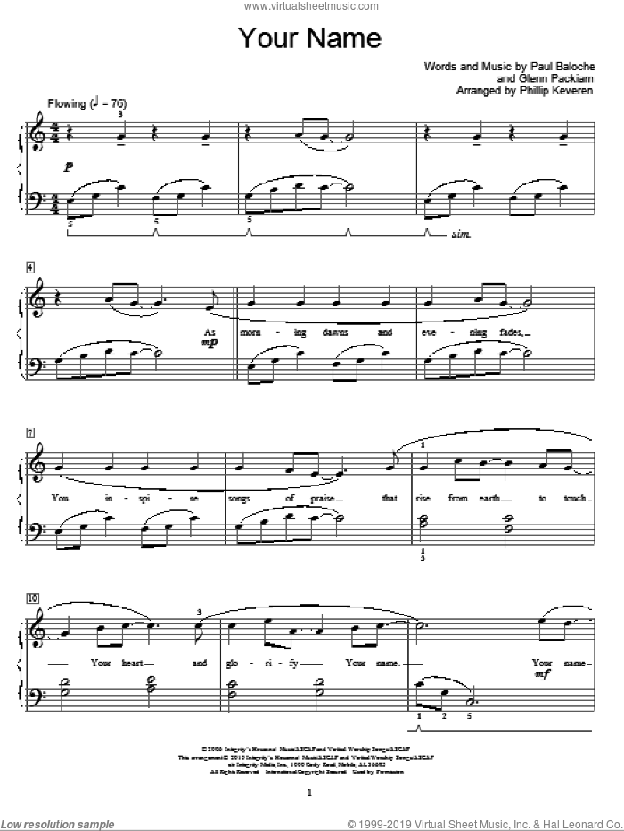 Your Name (arr. Phillip Keveren) sheet music for piano solo (elementary) by Paul Baloche, Phillip Keveren, Miscellaneous and Glenn Packiam, beginner piano (elementary)