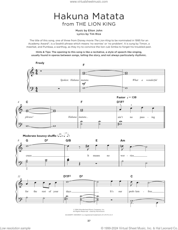 Hakuna Matata (from The Lion King) sheet music for piano solo by Elton John and Tim Rice, beginner skill level