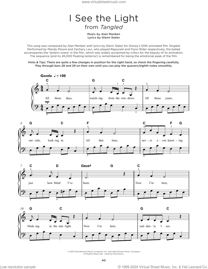 I See The Light (from Tangled), (beginner) (from Tangled) sheet music for piano solo by Alan Menken and Glenn Slater, beginner skill level