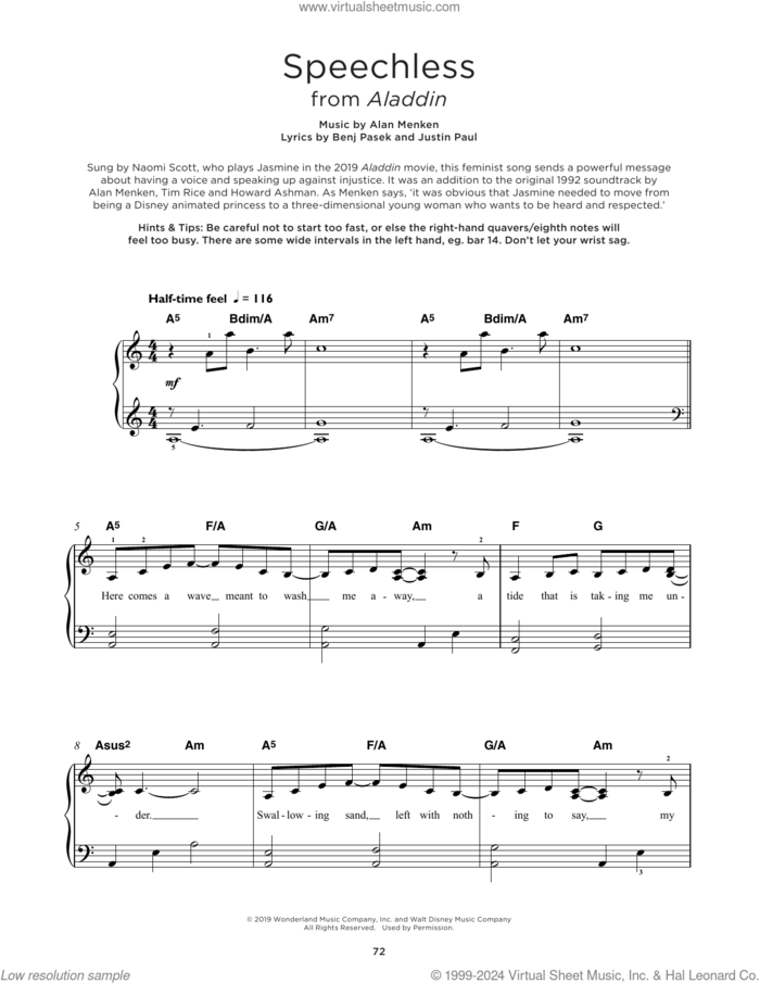 Speechless (from Disney's Aladdin) sheet music for piano solo by Naomi Scott, Alan Menken, Benj Pasek and Justin Paul, beginner skill level