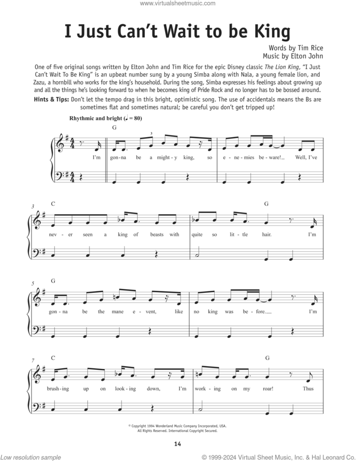 I Just Can't Wait To Be King (from The Lion King) sheet music for piano solo by Elton John and Tim Rice, beginner skill level