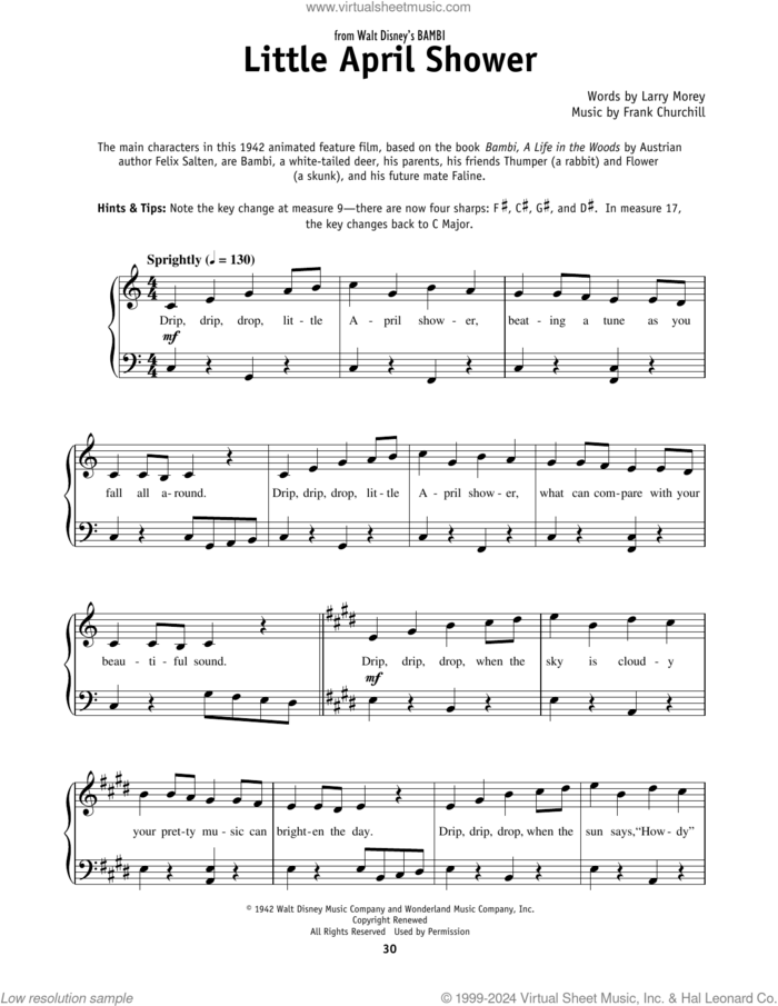 Little April Shower (from Bambi), (beginner) (from Bambi) sheet music for piano solo by Frank Churchill and Larry Morey, beginner skill level