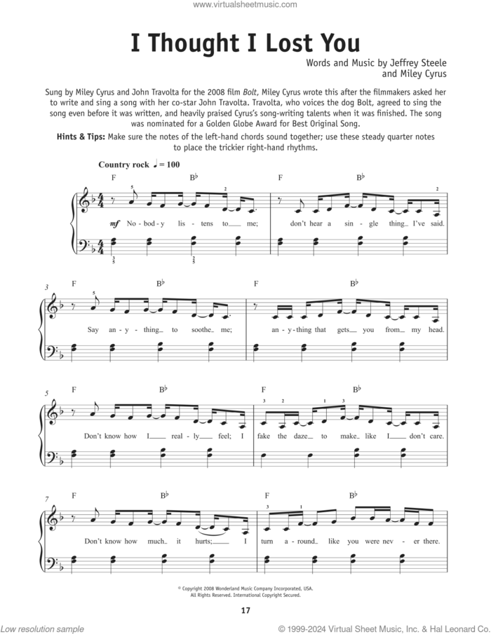 I Thought I Lost You (from Bolt) sheet music for piano solo by Miley Cyrus and Jeffrey Steele, beginner skill level