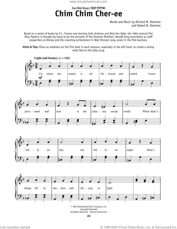 Chim Chim Cher-ee (from Mary Poppins) sheet music for piano solo by Dick Van Dyke, Richard M. Sherman and Robert B. Sherman, beginner skill level