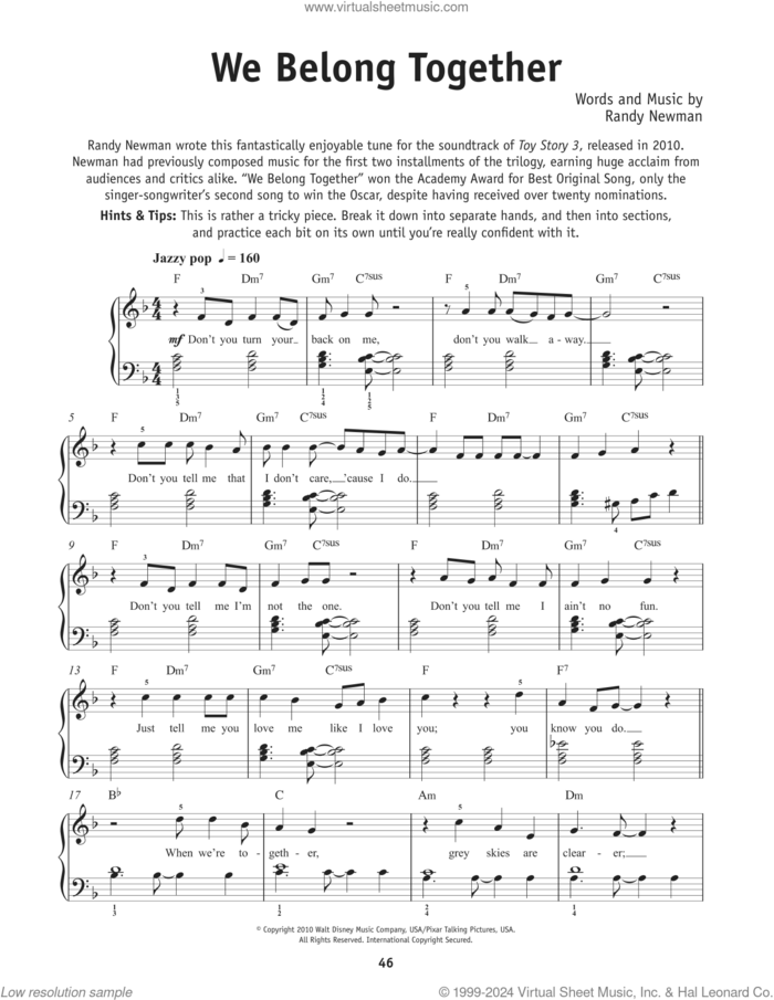 We Belong Together sheet music for piano solo by Randy Newman, beginner skill level