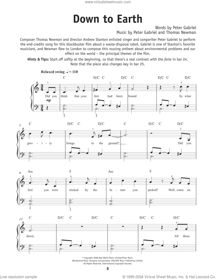 Down To Earth (from WALL-E) sheet music for piano solo by Peter Gabriel and Thomas Newman, beginner skill level