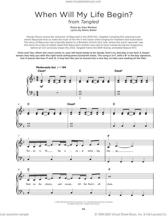 When Will My Life Begin? (from Tangled) sheet music for piano solo by Mandy Moore, Alan Menken and Glenn Slater, beginner skill level