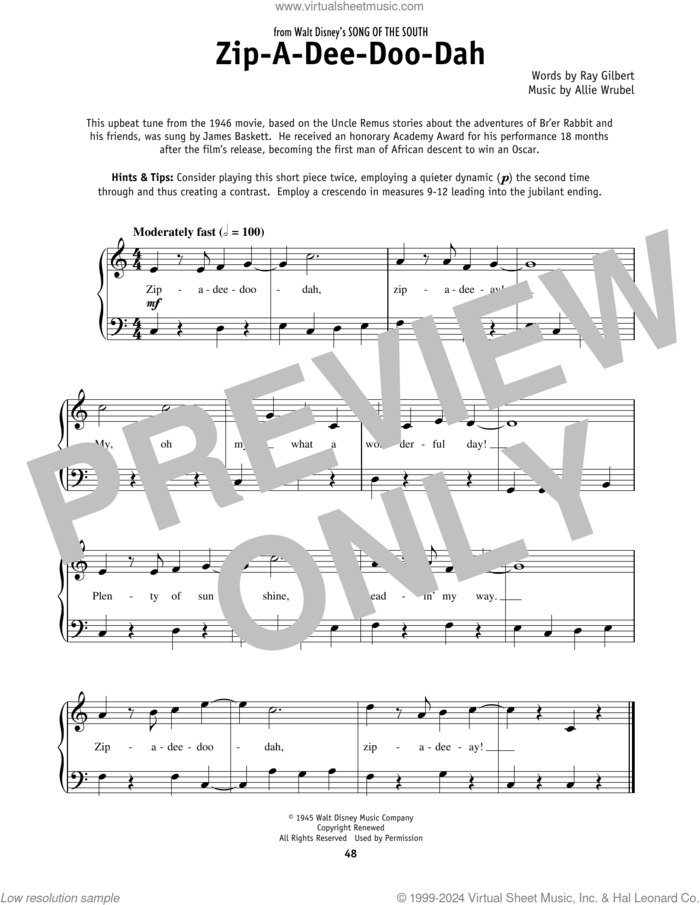 Zip-A-Dee-Doo-Dah (from Song Of The South), (beginner) (from Song Of The South) sheet music for piano solo by James Baskett, Allie Wrubel and Ray Gilbert, beginner skill level