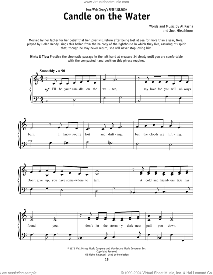 Candle On The Water (from Pete's Dragon) sheet music for piano solo by Helen Reddy, Al Kasha and Joel Hirschhorn, beginner skill level